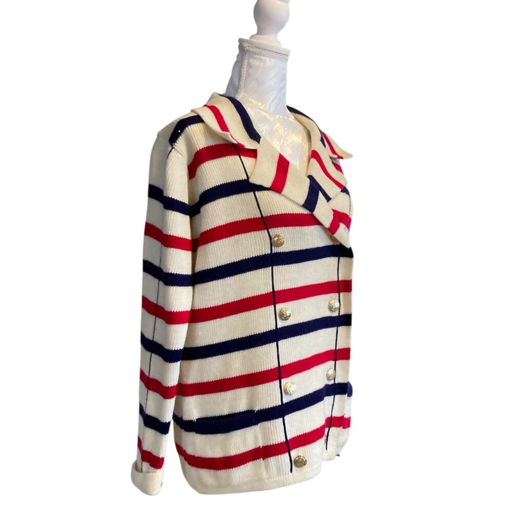 Vintage White Stripe Double Breasted Sweater Jacket Size Medium 50s Nautical - Picture 3 of 16